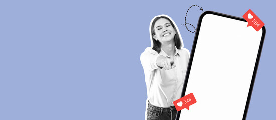 A young woman stands cheerfully on a colorful background, pointing at a blank smartphone screen. Social media notifications are visible, showcasing likes and interactions.