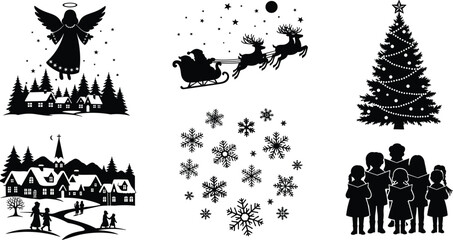 Christmas silhouettes, angel, Santa sleigh, reindeer, moon, Christmas tree, snowflakes, carolers, winter village, festive season, holiday spirit, decorations