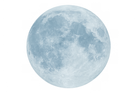 Blue full moon showing craters and surface details, a celestial body on transparent background for space concepts