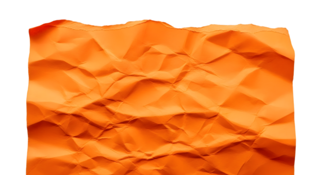 Close up textured background of crumpled bright orange paper with torn edges on a black backdrop