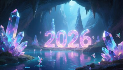 Magical Crystal Cave New Year 2026 with Fairies and Glimmering Water image photo