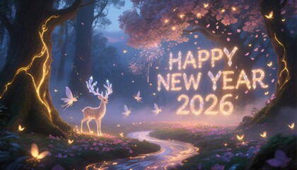 Magical Forest New Year 2026 with Deer and Butterflies image photo