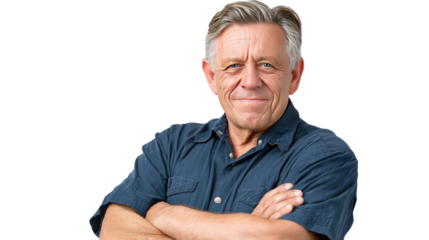 Confident Gaze: An older male radiates self-assuredness, his crossed arms and serene smile convey experience and maturity.