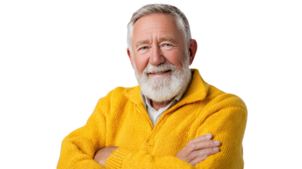 Joyful Senior in Yellow: A portrait of a contented senior citizen wearing a sunny yellow sweater, his face alight with warmth, experience, and the quiet dignity of age, and a friendly smile.