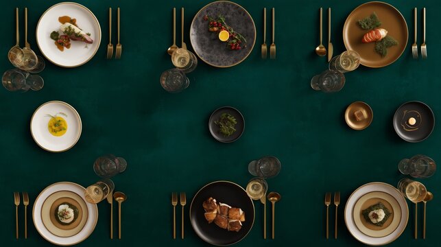 Elegant Dinner Table Setting with Artistic Culinary Presentations and Decor for a Luxurious Dining Experience