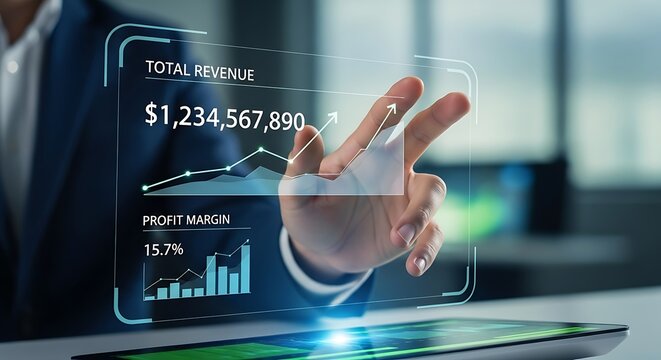Businessman analyzing financial data on a futuristic holographic interface showing revenue and profit margin.