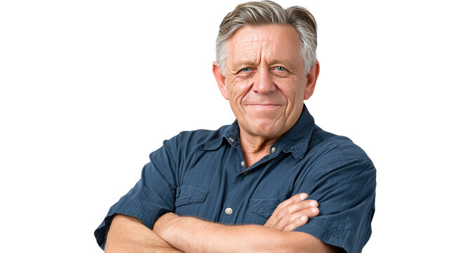 Confident Gaze: An older male radiates self-assuredness, his crossed arms and serene smile convey experience and maturity.