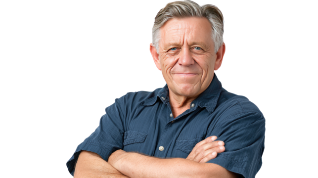 Confident Gaze: An older male radiates self-assuredness, his crossed arms and serene smile convey experience and maturity.