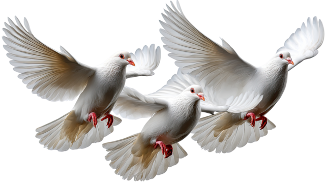 Soaring Freedom: Three graceful doves take flight, their pure white plumage contrasting against the azure sky, symbolizing peace, hope, and unity.