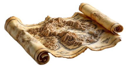 Treasure Map Unveiled: A detailed antique map with rolled edges, unfolds its secrets, revealing a world of adventure and discovery. Its intricate details and aged appearance invite exploration.
