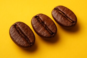 Obraz premium Three Roasted Coffee Beans on a Bright Yellow Background