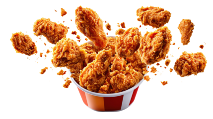 Crispy Chicken Feast: An appetizing image showcases golden-fried chicken pieces spilling out of a vibrant bucket, tempting viewers with the promise of a flavorful and satisfying meal.