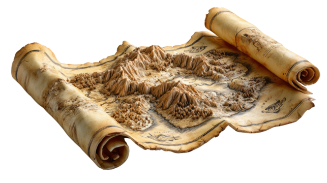 Treasure Map Unveiled: A detailed antique map with rolled edges, unfolds its secrets, revealing a world of adventure and discovery. Its intricate details and aged appearance invite exploration.