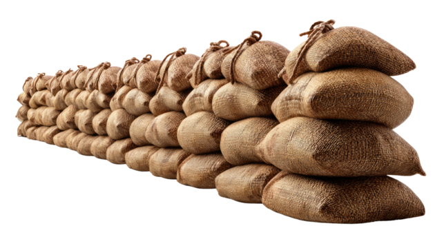 Sandbags Protection Barrier: A strategically assembled barrier of sandbags stands as a testament to preparedness and resilience, symbolizing protection and defense against potential threats.