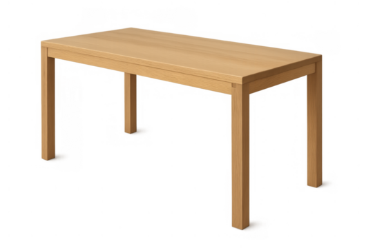 Wooden dining table with rectangular top and four legs, furnishing for home interiors, isolated on transparent background
