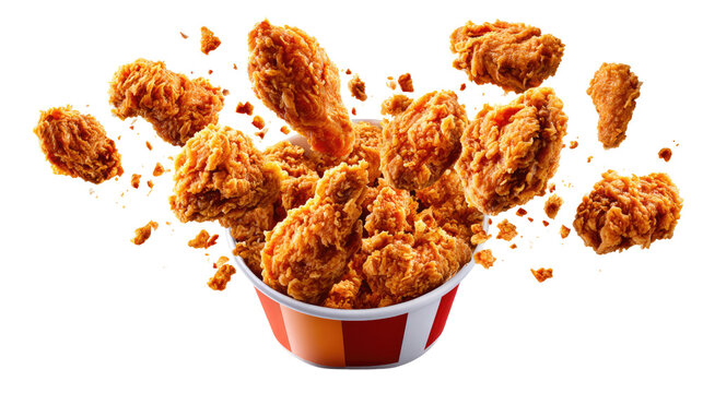 Crispy Chicken Feast: An appetizing image showcases golden-fried chicken pieces spilling out of a vibrant bucket, tempting viewers with the promise of a flavorful and satisfying meal.