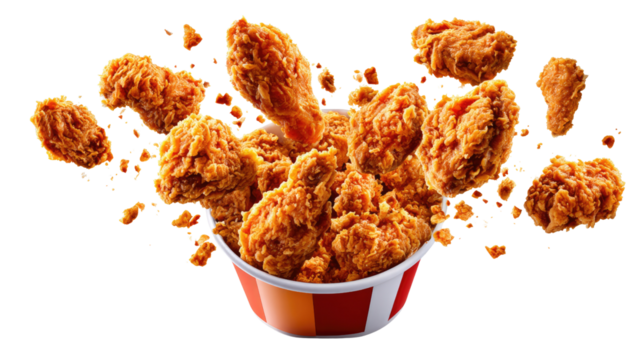 Crispy Chicken Feast: An appetizing image showcases golden-fried chicken pieces spilling out of a vibrant bucket, tempting viewers with the promise of a flavorful and satisfying meal.
