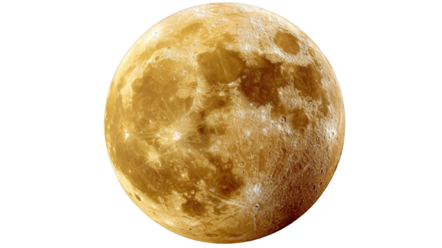 Moon's Textured Aura: A close-up shot of the full moon revealing the rugged details of its surface, casting a soft, golden glow that evokes a sense of tranquility.