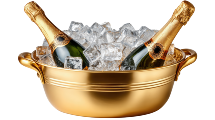 Golden Elixir: A celebratory image showcases two bottles of fine champagne nestled in a golden ice bucket, surrounded by sparkling ice, ready to toast to a special occasion. 