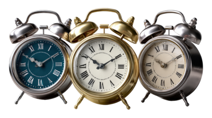 Trio of Vintage Alarm Clocks: A charming display of three vintage alarm clocks, each showcasing its unique design and timeless appeal. It evokes a sense of nostalgia, tradition.