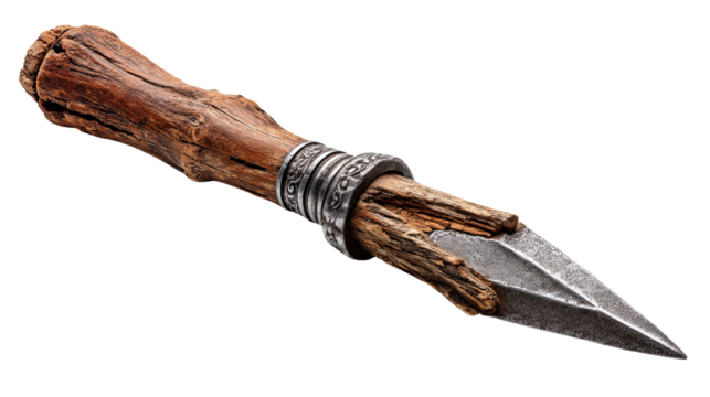 Ancient Handcrafted Dagger: A close-up shot of a unique, handcrafted dagger with a wooden handle, showcasing the intricate detail of the blade and handle, evoking a sense of history.