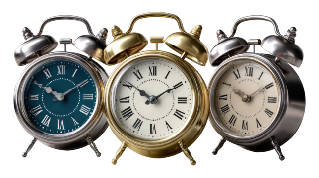 Trio of Vintage Alarm Clocks: A charming display of three vintage alarm clocks, each showcasing its unique design and timeless appeal. It evokes a sense of nostalgia, tradition.