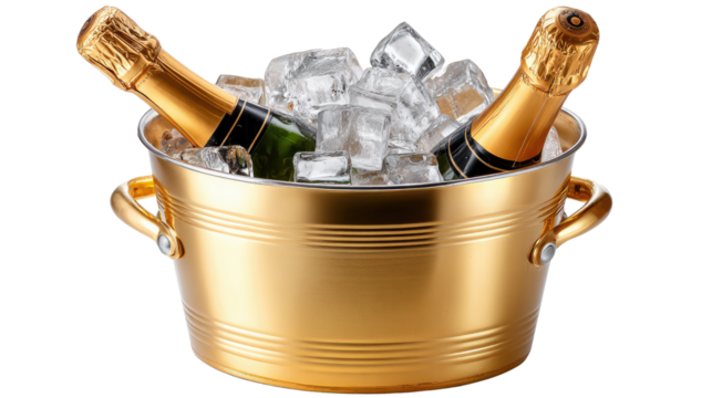 Celebratory Chill: Two champagne bottles nestle serenely amidst a bed of glistening ice cubes within a golden bucket, ready to be uncorked for a special moment.