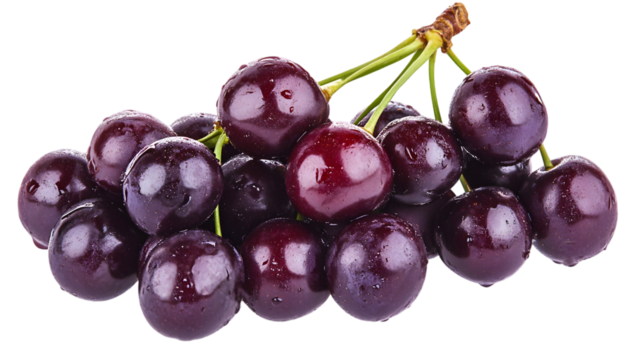 A cluster of fresh dark red cherries with green stems on a black background close up studio shot - Powered by Adobe