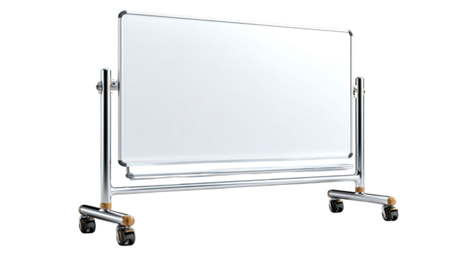 Whiteboard on Wheels: A modern whiteboard, mounted on a sleek, rolling stand, stands ready to capture ideas and enhance presentations. Designed for easy mobility and professional use.