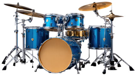 Musical Harmony: A vibrant drum set, with shiny cymbals and a collection of drums, embodies rhythm and musicality, ready for a captivating performance.