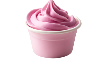 A cup of pink soft serve ice cream with a swirl on top against a black isolated background view