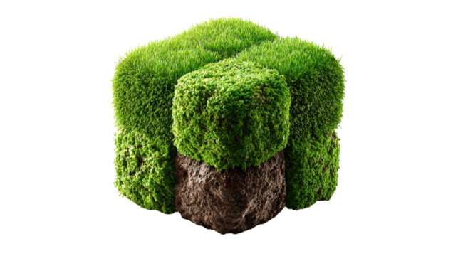Nature's Cube: A unique artistic creation, an abstract cube sculpture composed of lush green grass and earthy brown terrain, showcasing an innovative blend of natural elements.