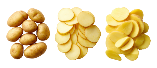 Three stages of potato preparation raw sliced and fried isolated on transparent background