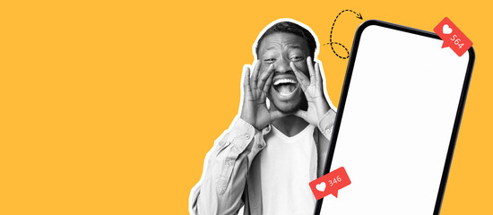 A joyful individual enthusiastically engages with a large smartphone, showcasing social media interaction.