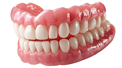 Artificial Dentures Close-up: A detailed view of a complete set of artificial dentures, showcasing individual teeth and the denture structure.