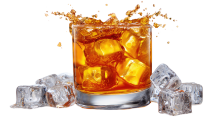 Whiskey Splash: An inviting whiskey cocktail, where amber liquid dances in a crystal glass, showcasing the allure of a moment, refreshing drinks and creating an enticing experience.