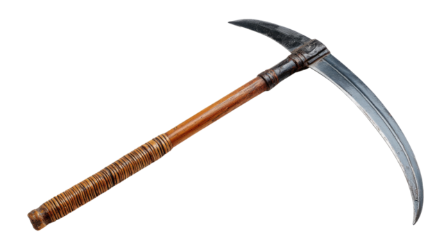 Harvesting Tool: A vintage scythe, with a curved blade and long wooden handle, lies ready for harvesting. It evokes a sense of history and agriculture.