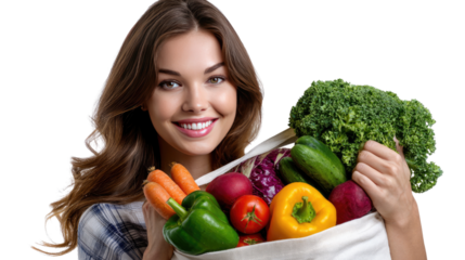 Fresh Produce: A radiant woman embraces healthy living, cradling a bountiful tote bag bursting with an array of vibrant, fresh fruits and vegetables.