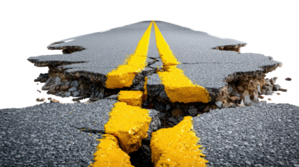 Road to Ruin: An aerial view showcases a dramatically cracked asphalt road, its surface rent asunder, a potent visual metaphor for disruption and decay.