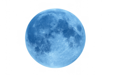 Blue full moon appearing as celestial body against a transparent background, showing detailed lunar surface and craters