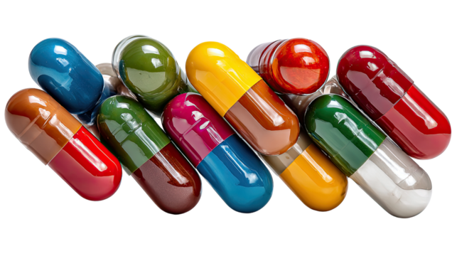 Pills of Remedy: A collection of various pills representing medicine for the health with bright and vibrant colors, offering a sense of hope and well-being.