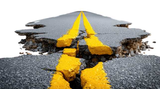 Road to Ruin: An aerial view showcases a dramatically cracked asphalt road, its surface rent asunder, a potent visual metaphor for disruption and decay.