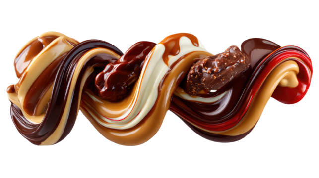 Swirling Chocolate Delight: A vibrant display of swirling chocolate ribbons, adorned with a variety of rich flavors and textures, evokes a sense of pure indulgence and creative artistry.