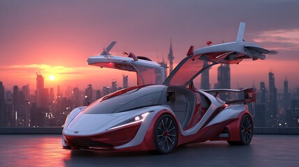 foldable wing coupe, hybrid flying car, sleek silver-red body, aerodynamic form, takeoff mode, cinematic lighting, sci-fi skyline background