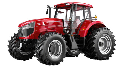 Obraz premium Robust Agricultural Machinery: A powerful, red tractor stands ready for work, showcasing its heavy-duty tires and robust design, representing reliability and strength in agricultural operations.