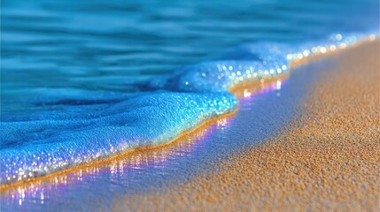 Close up of a gentle ocean wave receding over golden sand with sparkling blue water reflecting sunlight on a sunny day