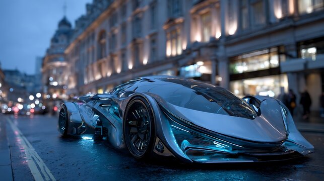 futuristic morphable car, transformable body panels, adaptive size, sleek aerodynamic design, metallic silver and neon blue glow, sci-fi city street