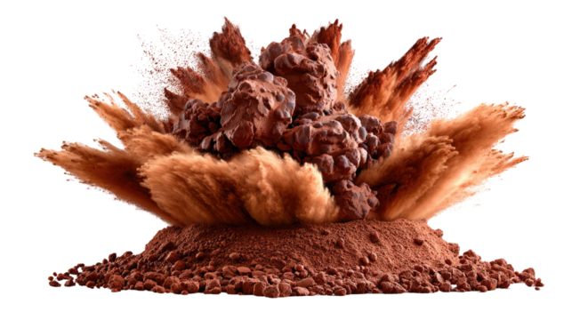 Explosive Cocoa: Witness the dynamic burst of cocoa powder, captured mid-explosion, a visually stunning display of texture and color.