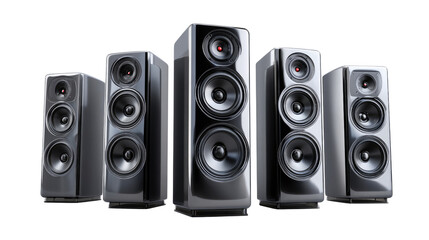 Fototapeta premium Harmonious Sound: A group of sleek, modern speakers stands in perfect synchronization, each crafted with precision and poise to deliver a symphony of sonic excellence.