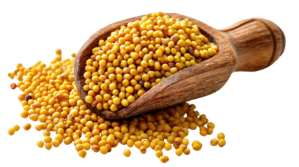 Golden Mustard Seeds: A close-up shot captures a heap of radiant yellow mustard seeds spilling from a wooden scoop, showcasing texture and detail of this staple ingredient.